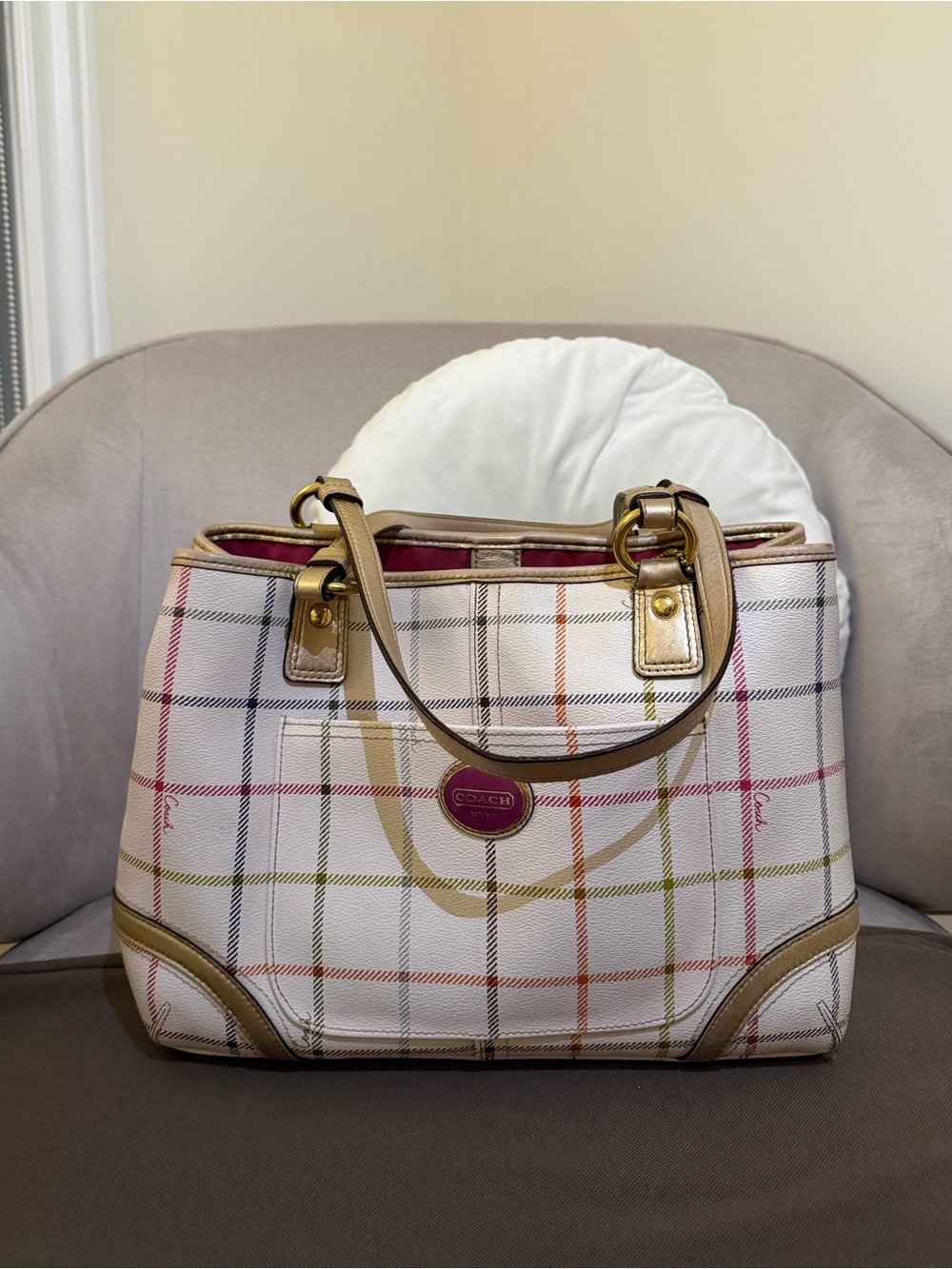 Coach Peyton Tattersall Plaid  Tote with Metallic Gold Accents